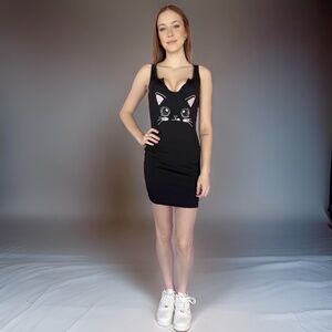 NEW Little black dress black fitted dress black kitty dress cat lover sexy black